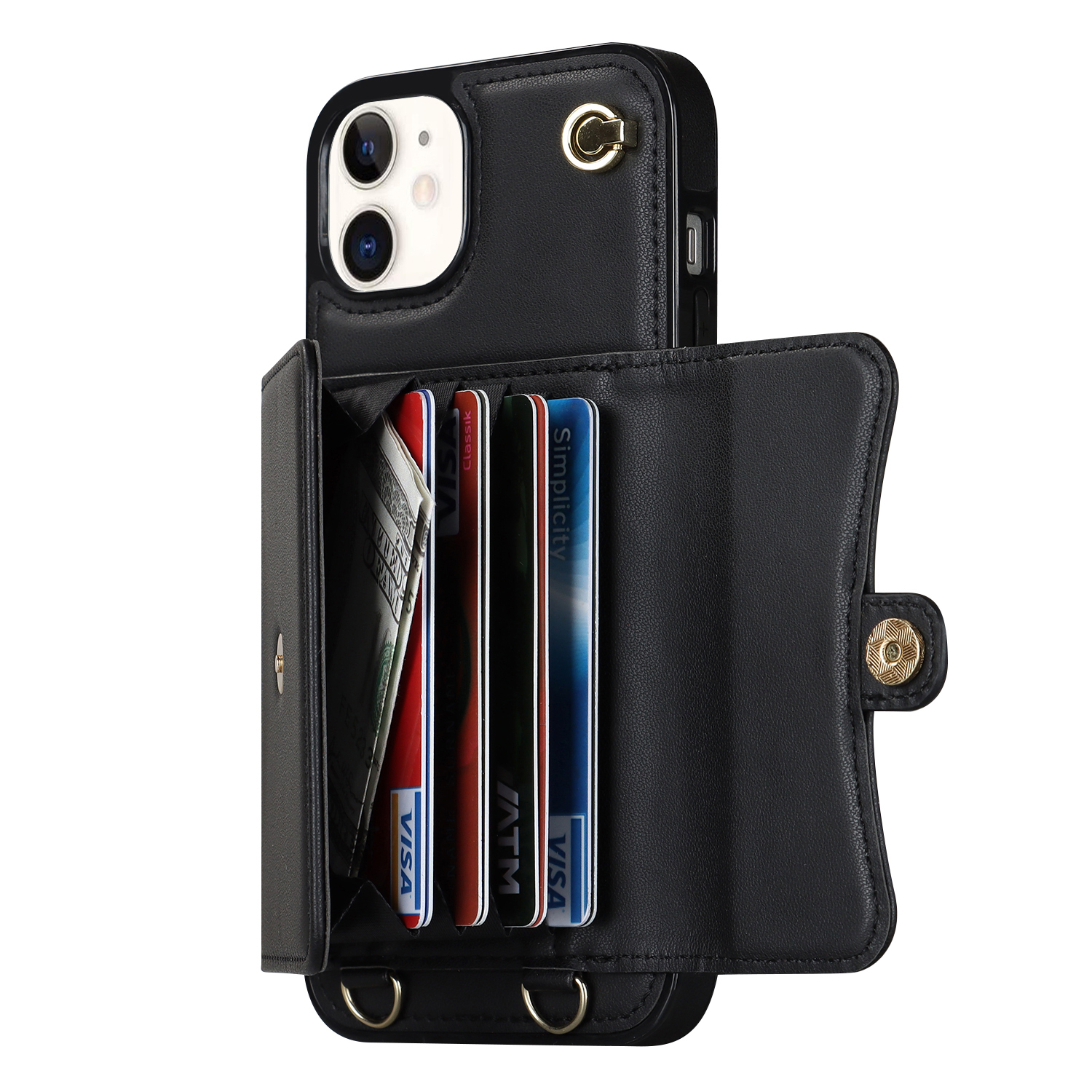 iPhone 11 Necklace Leder Schutz Hülle mit Kartenfach   Handykette (140cm) - Schwarz
