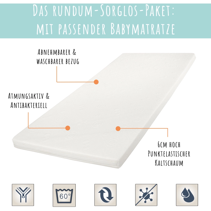 Kids Collective Babybett Gitterbett 60x120 | 70x140 höhenverstellbar & herausnehmbare Sprossen natur mit Schubl. und Matratze