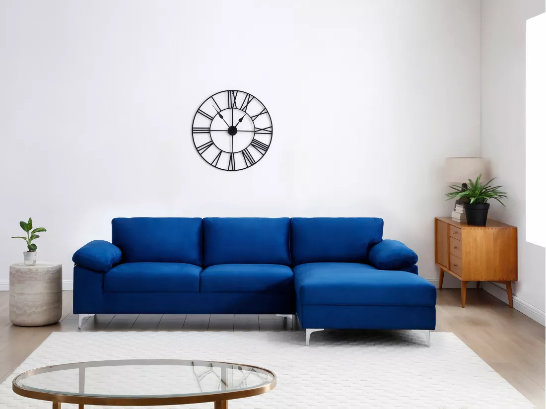 Canapé d'angle droit en velours bleu FIDOGA