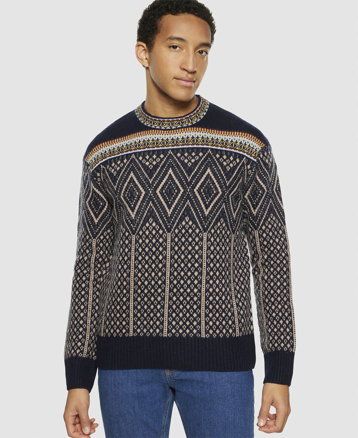 Knowledge Cotton Apparel Fair Isle crew neck lambswool knit - RWS Blue
