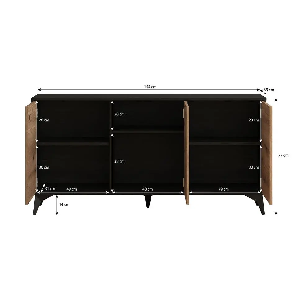 Meubella - Dressoir Dolores - Eiken - Zwart - 154 cm