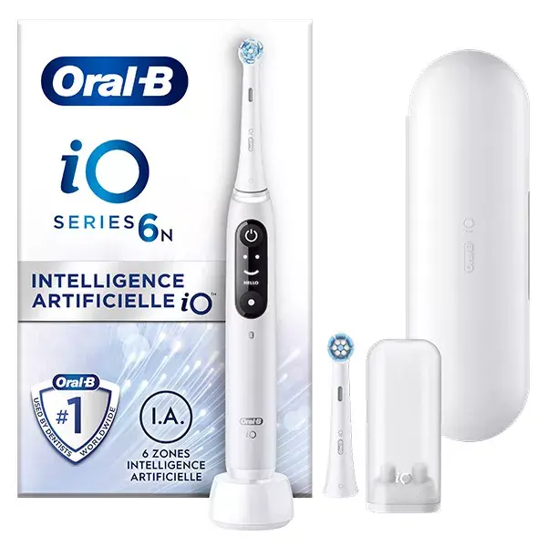 Escova de dentes elétrica Oral-B iO 6N branca com conectividade Bluetooth, 2 cabeças de escova e 1 estojo de viagem.