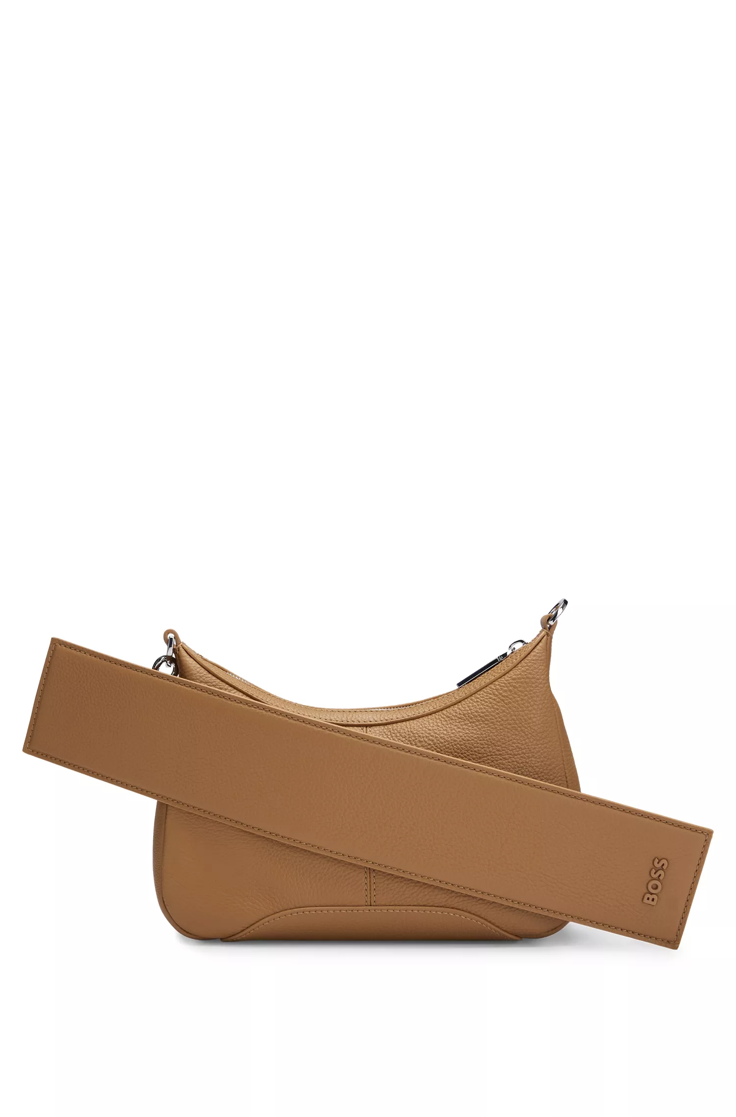 Bolsa BOSS Hobo preta em couro granulado com detalhes da marca.