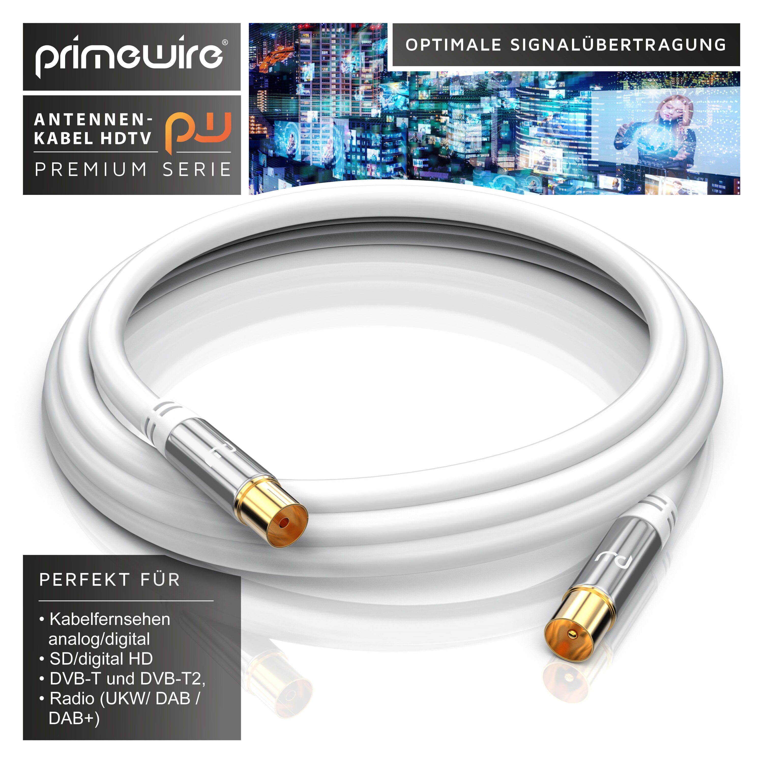 Primewire HDTV Antennenkabel mit 4-fach Schirmung IEC-Stecker zu RF-Buchse / 75 Ohm / 135dB - 12,5 m