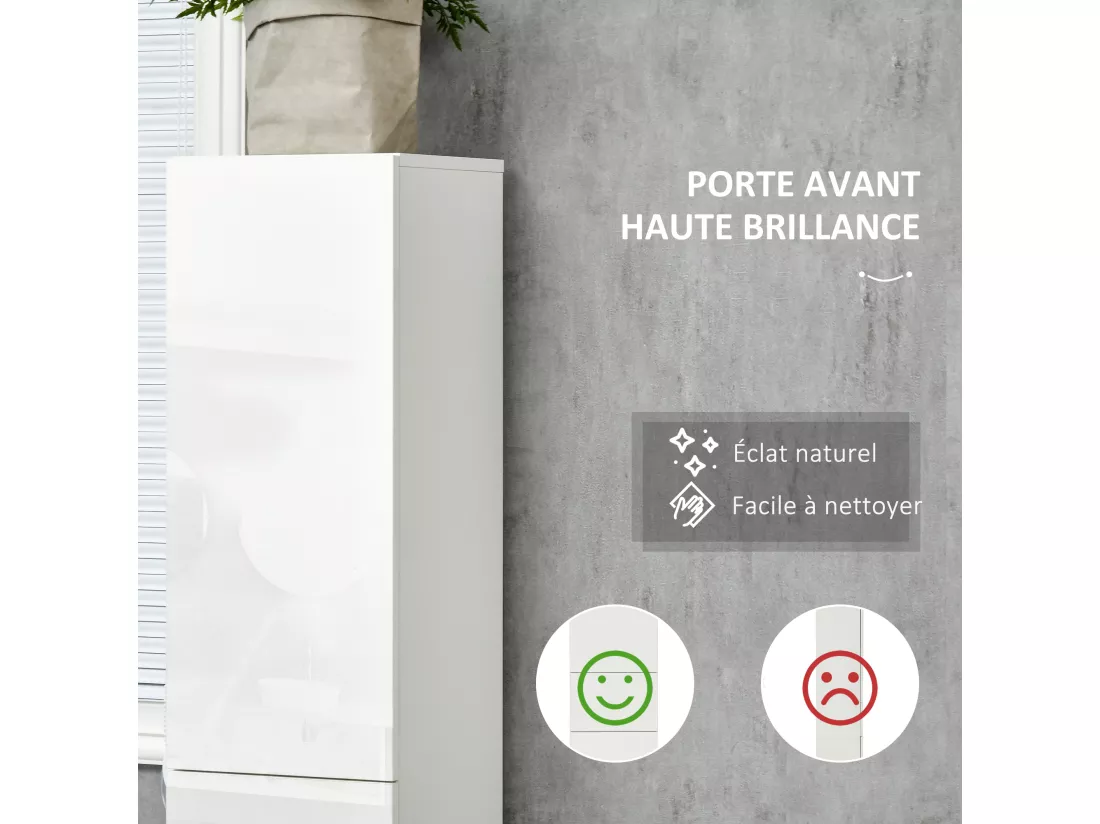 Meuble colonne rangement salle de bain style contemporain façade laquée 2 portes 3 étagères tiroir panneaux MDF blanc
