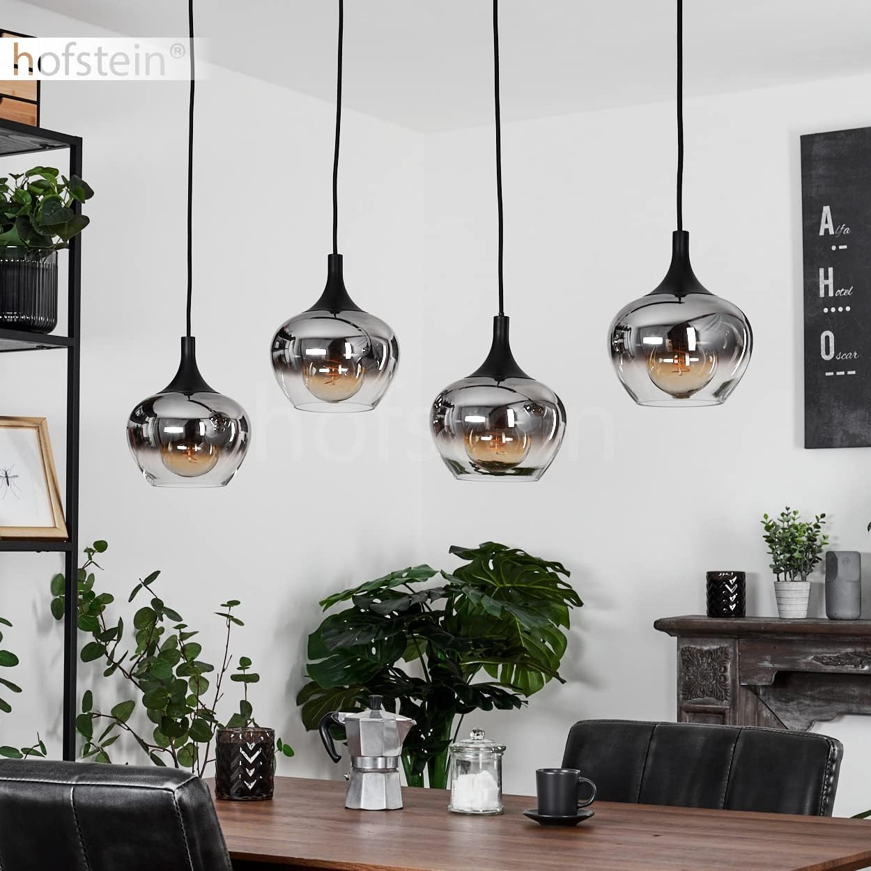 Hängeleuchte Azurara, Hängelampe aus Metall/Glas in Schwarz/Rauchfarben, Leuchte 4-flammig im Vintage/Retro Design mit Schirmen aus Glas (Ø19,5cm), Höhe max. 121cm, 4x E27 max. 40W, ohne Leuchtmittel