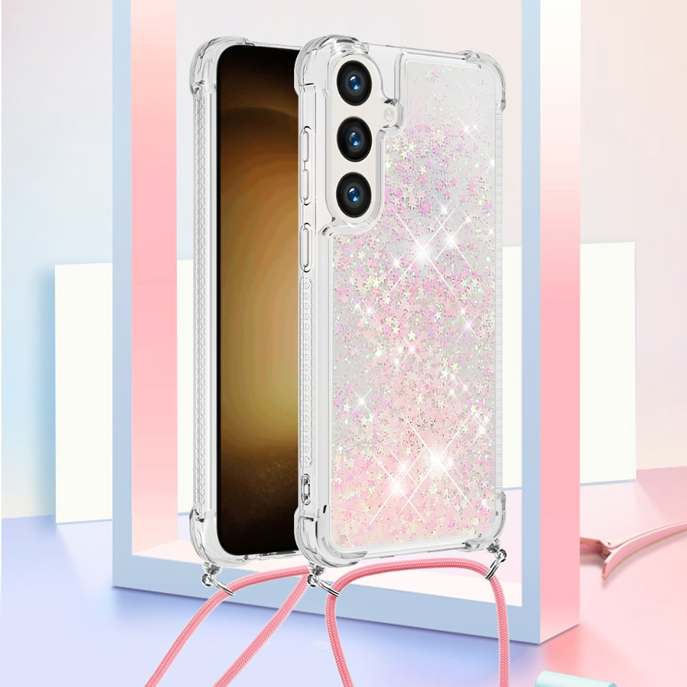 Samsung Galaxy S24 Necklace Gummi Hülle Liquid Glitzer   Handykette (130cm) - Rosa