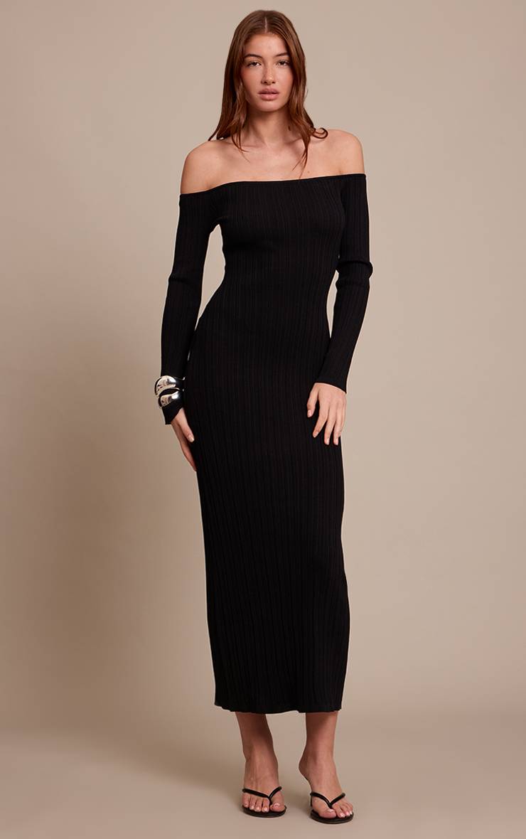 Noir Robe Maxi En Maille Fine À Épaules Dénudées