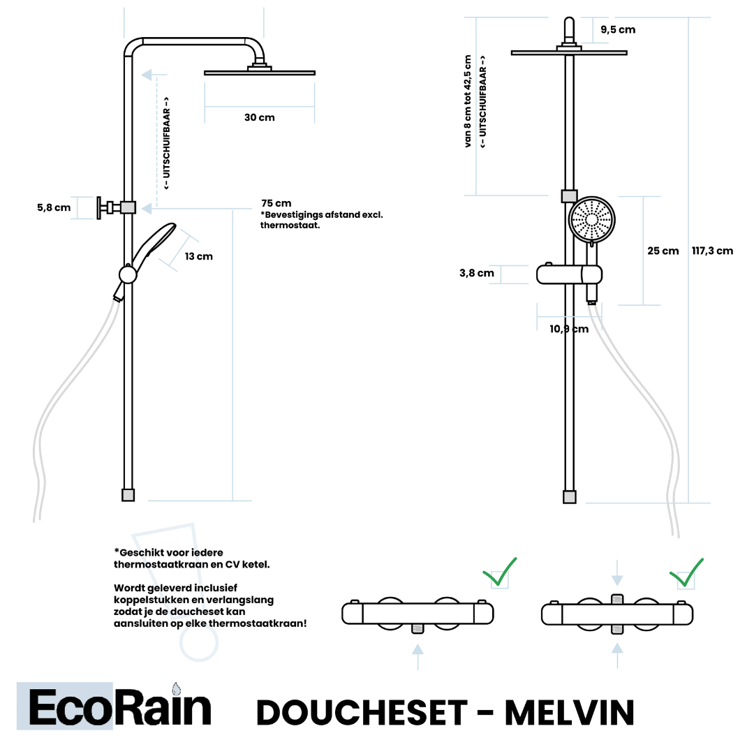 EcoRain Waterbesparende Regendoucheset Melvin XL 30 cm Zwart zonder Thermostaatmengkraan - 30% Waterbesparing - Moderne Regendoucheset - Handdouche 13 cm - Universele Douchekop - Antikalk Douchekop