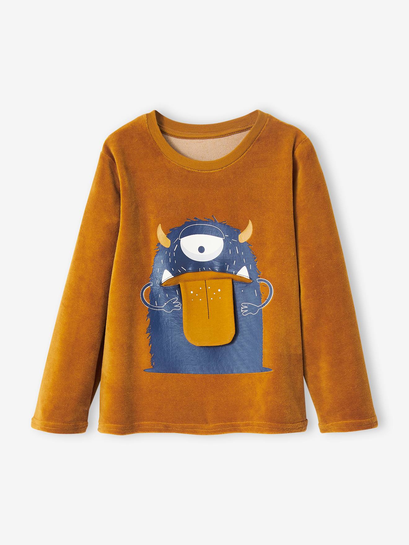 Pijama de veludo em tons pastel com estampa divertida de monstrinhos para meninos
