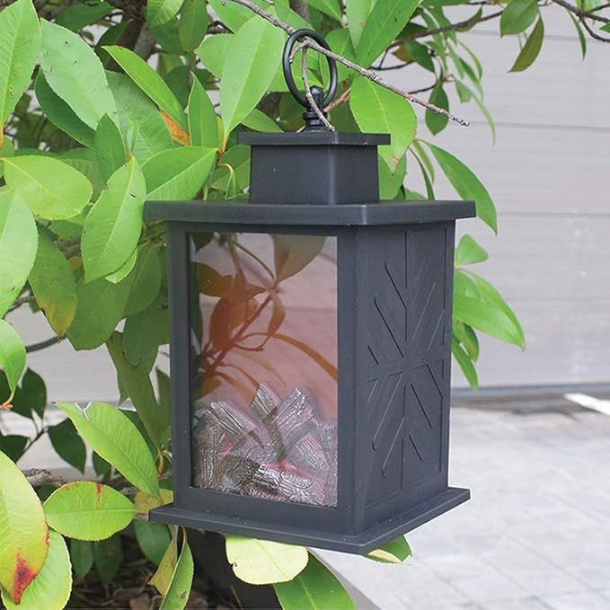 (25x14cm) Kunststoff LED Tisch Kamin Home Deko Laterne Künstliche Cheminée Feuerstelle Windlampe (Batteriebetrieben) - Schwarz
