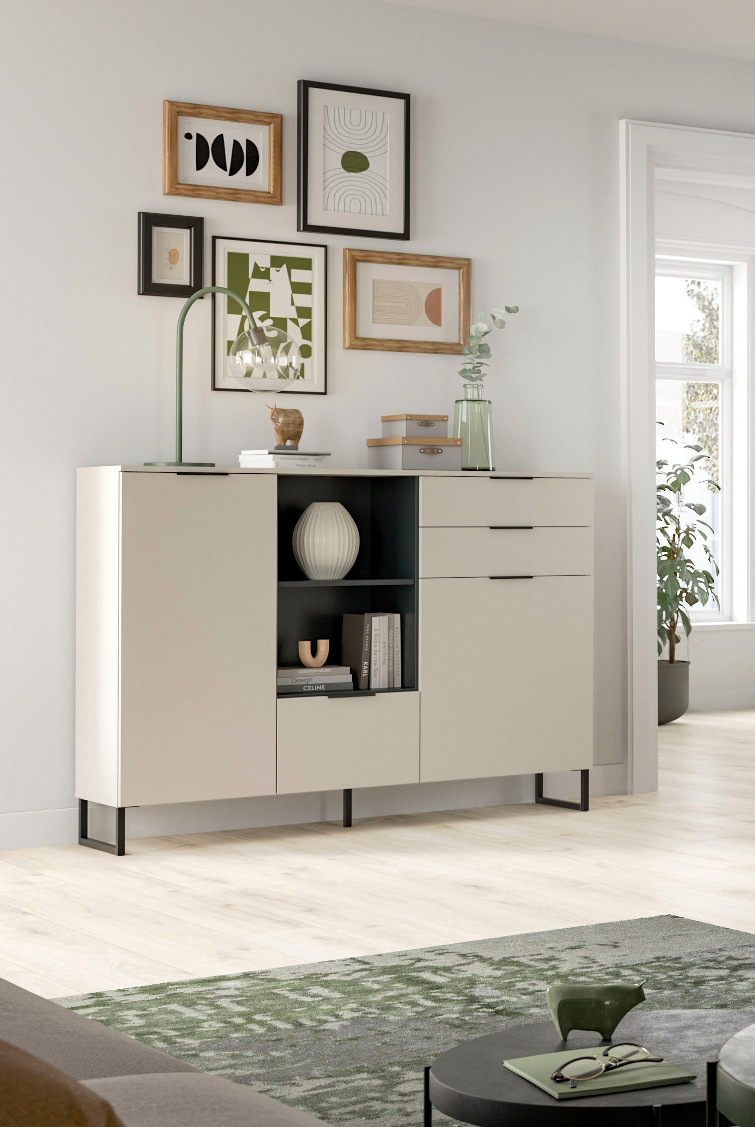 INOSIGN Highboard »ADIO, Breite 150cm, 2 Türen, 1 Klappe, 2 Schubkästen, mit Metall-Kufen« 1 Stk. tlg. Sideboard, Kommode, Lowboard, Schrank, Wohnzimmerschrank, Anrichte