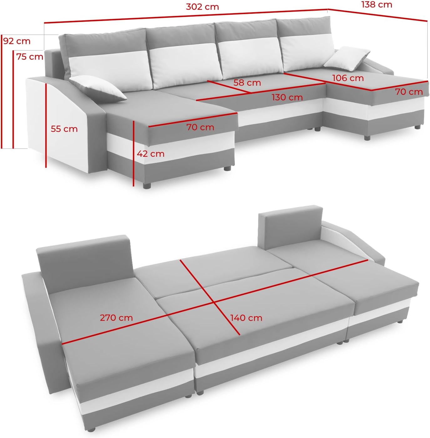 Mebligo ECKSOFA U MIT SCHLAFFUNKTION Sparta Plus BONELL Grau
