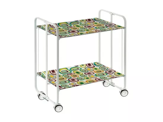 Chariot pliant à roulettes, table pliante roulante, desserte - Structure métallique blanche, 2 niveaux en stratifié motif Vintage 5 - 72*66*43 cm - BAUHAUS
