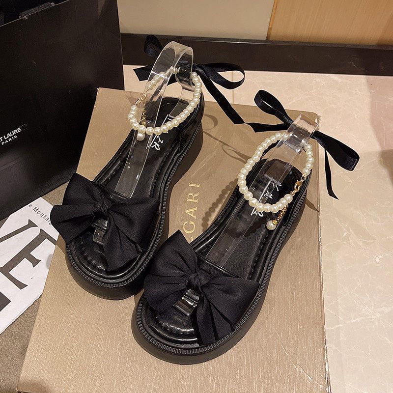 Anran - Platform strik imitatie parel enkelband sandalen
