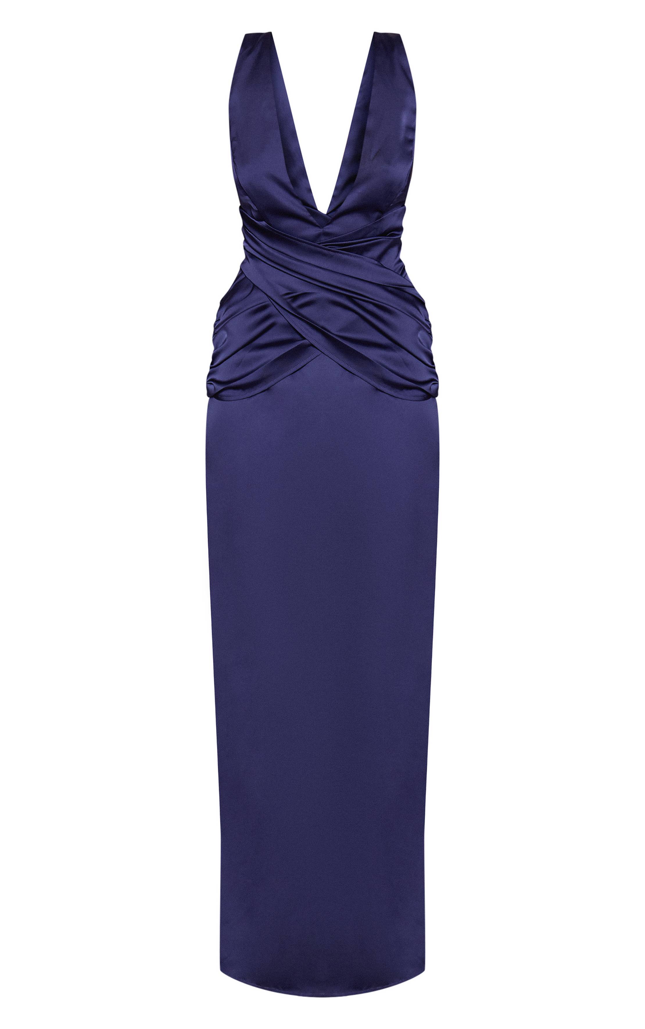 Bleu Marine Robe Longue Drapée En Satin À Décolleté Plongeant