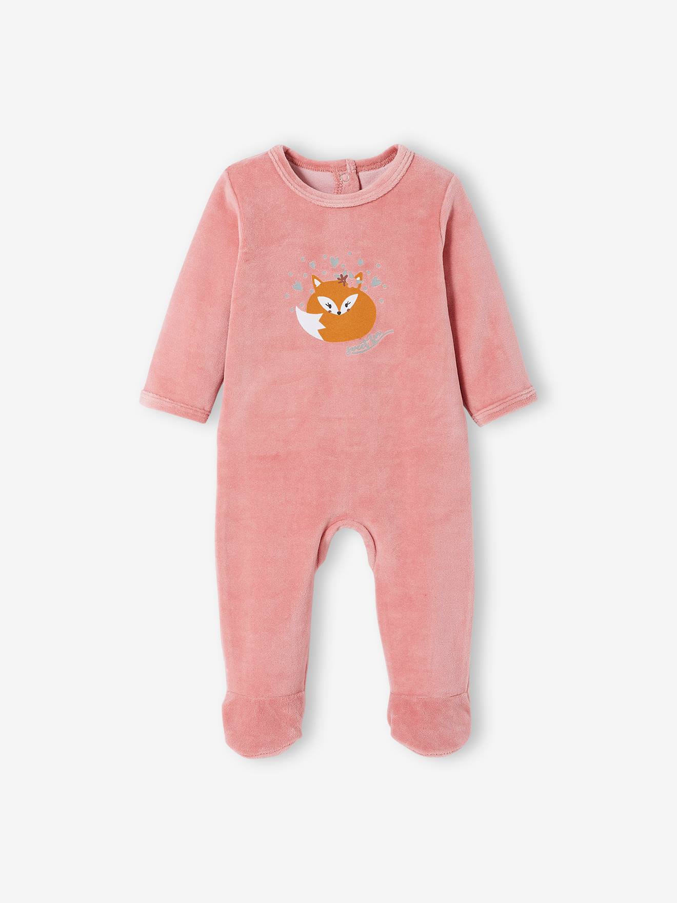 Conjunto de 2 macacões para bebê menina com estampa de raposa em veludo bicolor rosa médio/multicolorido