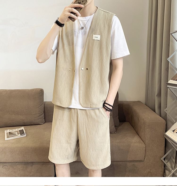 Cowpow - Set: V-hals effen dubbelrijs vest + shorts met trekkoord in de taille