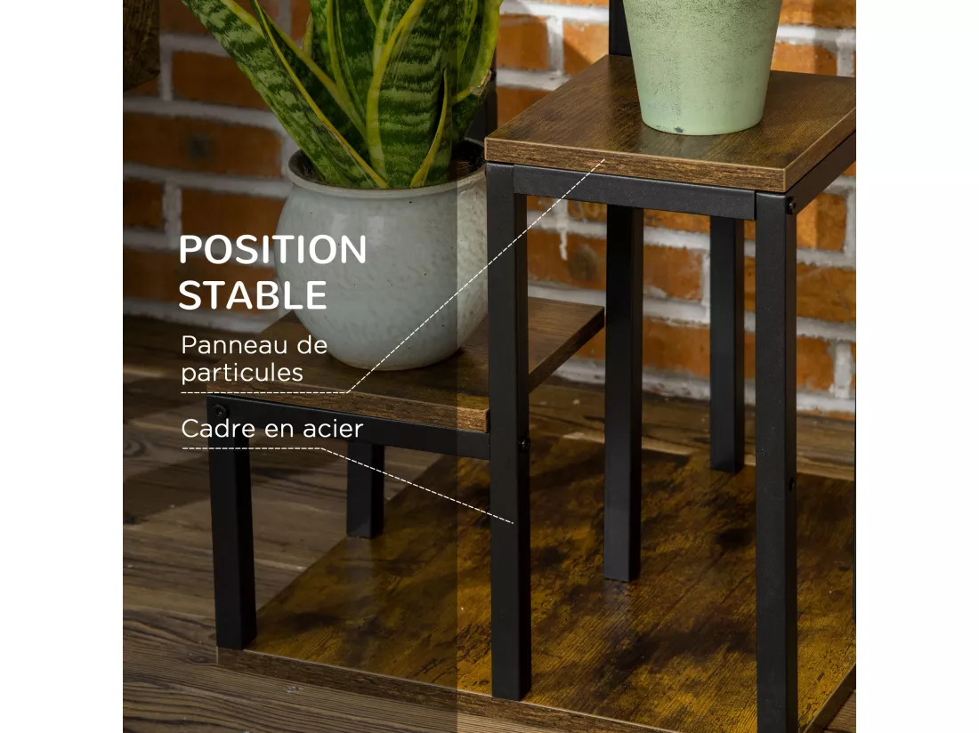 Support à fleurs style industriel 5 niveaux - porte plante 4 étagères - acier époxy noir aspect bois foncé