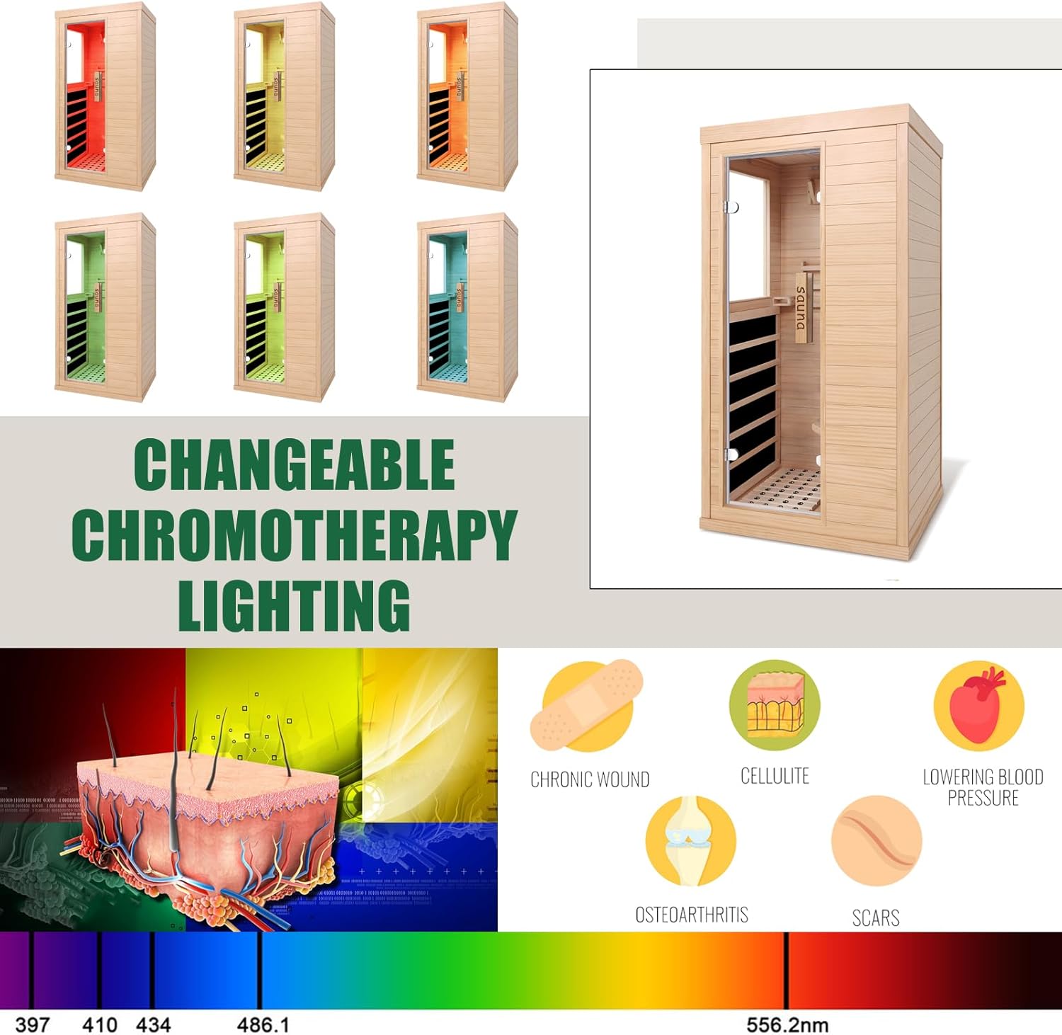 Ferninfrarot-Sauna 1 Person Tannenholz Heimsauna 5 Infrarot-Heizelemente Bluetooth 7-Farben Chromotherapie EMF-arm Seitentür mit Sicherheitsglas