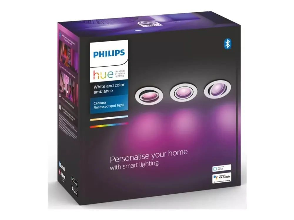 Philips Hue White and Color Ambiance Centura - Indlejret spotlys - LED-spot lyspære - GU10 - 5.7 W - klasse G - 16 millioner farver/varmt hvidt til koldt hvidt lys - 2000-6500 K - hvid (pakke med 3)