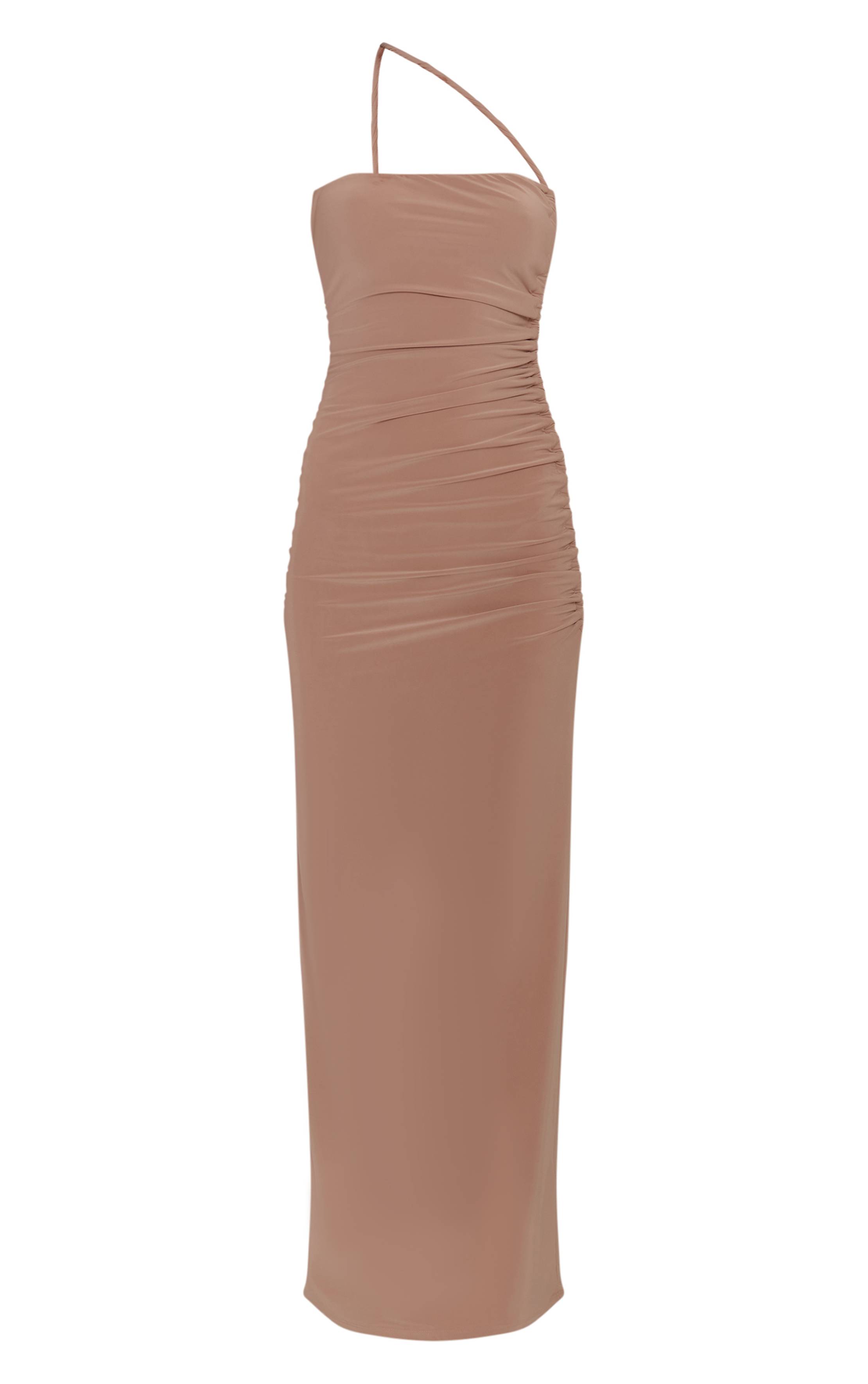 Sable Robe Longue Moulante Asymétrique À Bretelle Torsadée