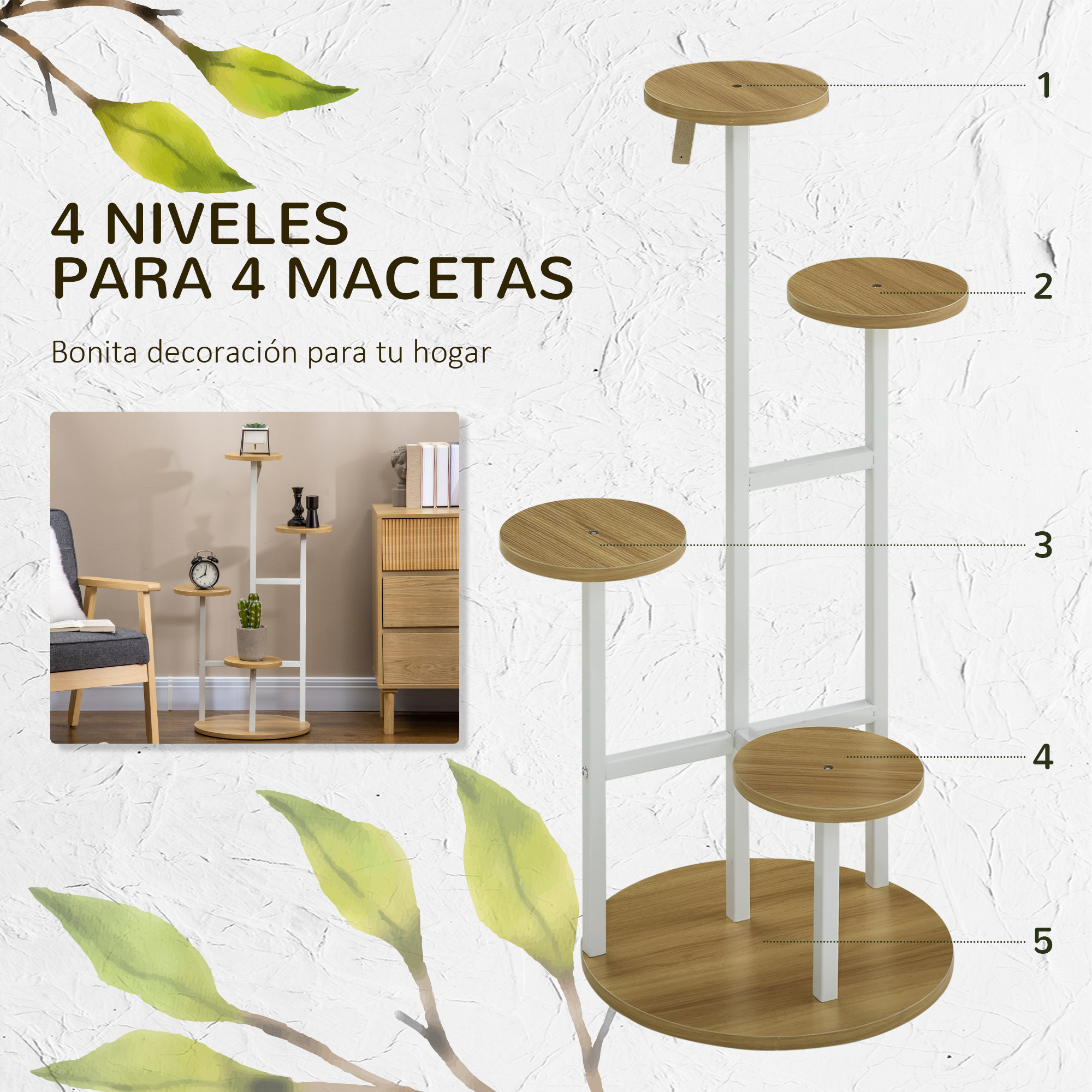 Suporte para plantas Outsunny de 4 níveis, suporte para vasos de flores, suporte para plantas com estrutura de aço para sala de estar, quarto, pátio, jardim, varanda, 40x40x95,5 cm, natural