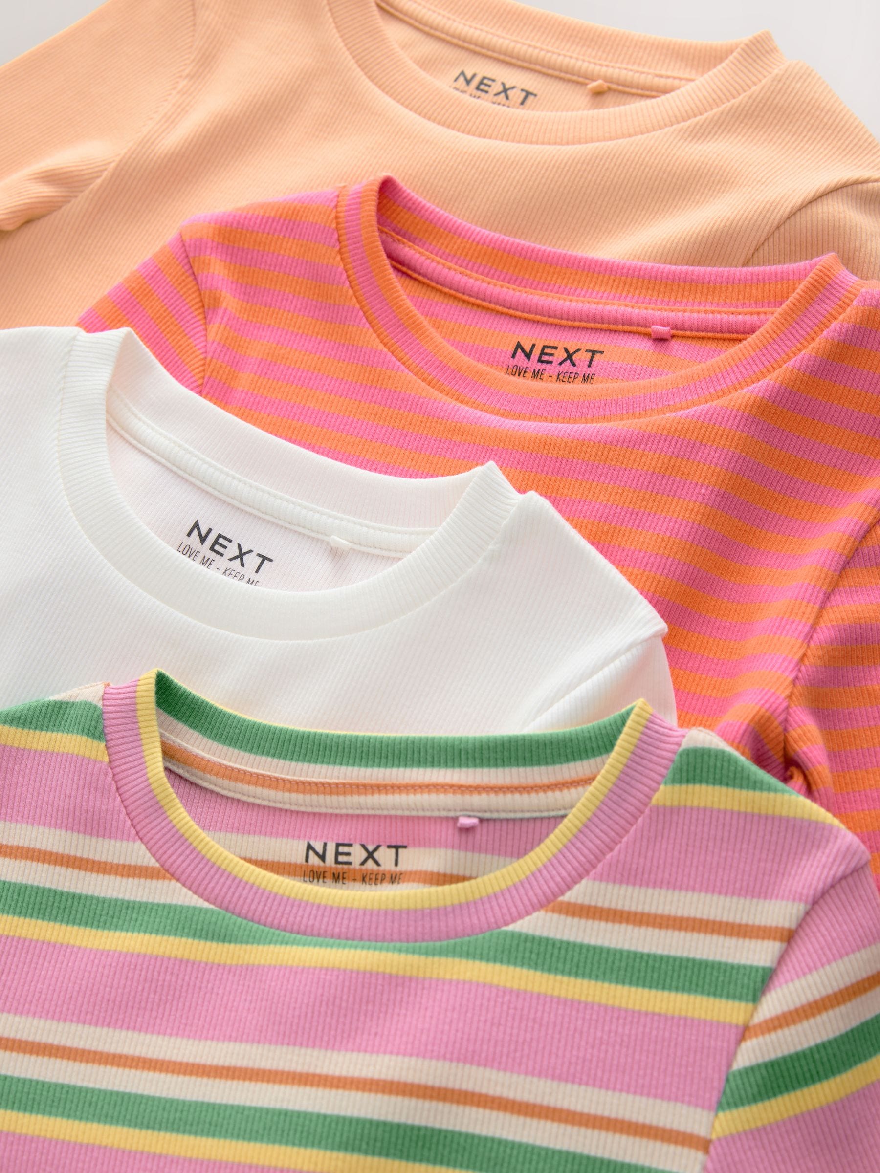 Roze/oranje - Set van 4 geribbelde T-shirts met lange mouwen (3-16jr)