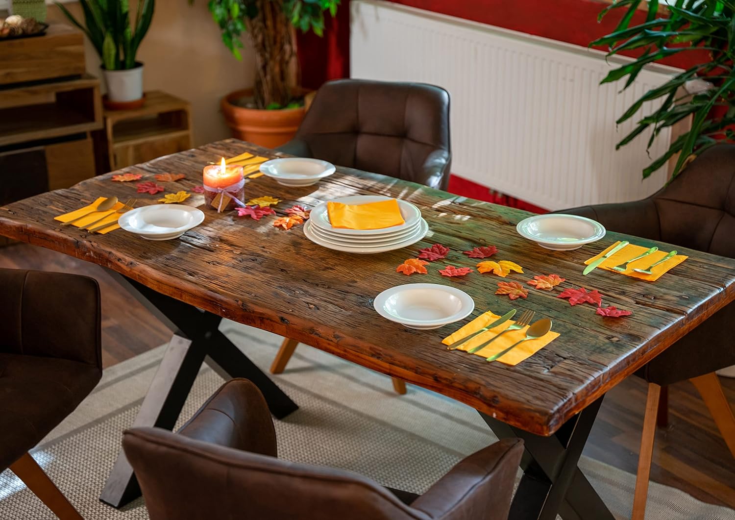 SAM Esstisch 160x90 cm Ramon, recyceltes Altholz, massiver Esszimmertisch mit Rough Wood Platte 50 mm, Holztisch mit X-Metallgestell Schwarz, Baumkantentisch im Vintage-Look