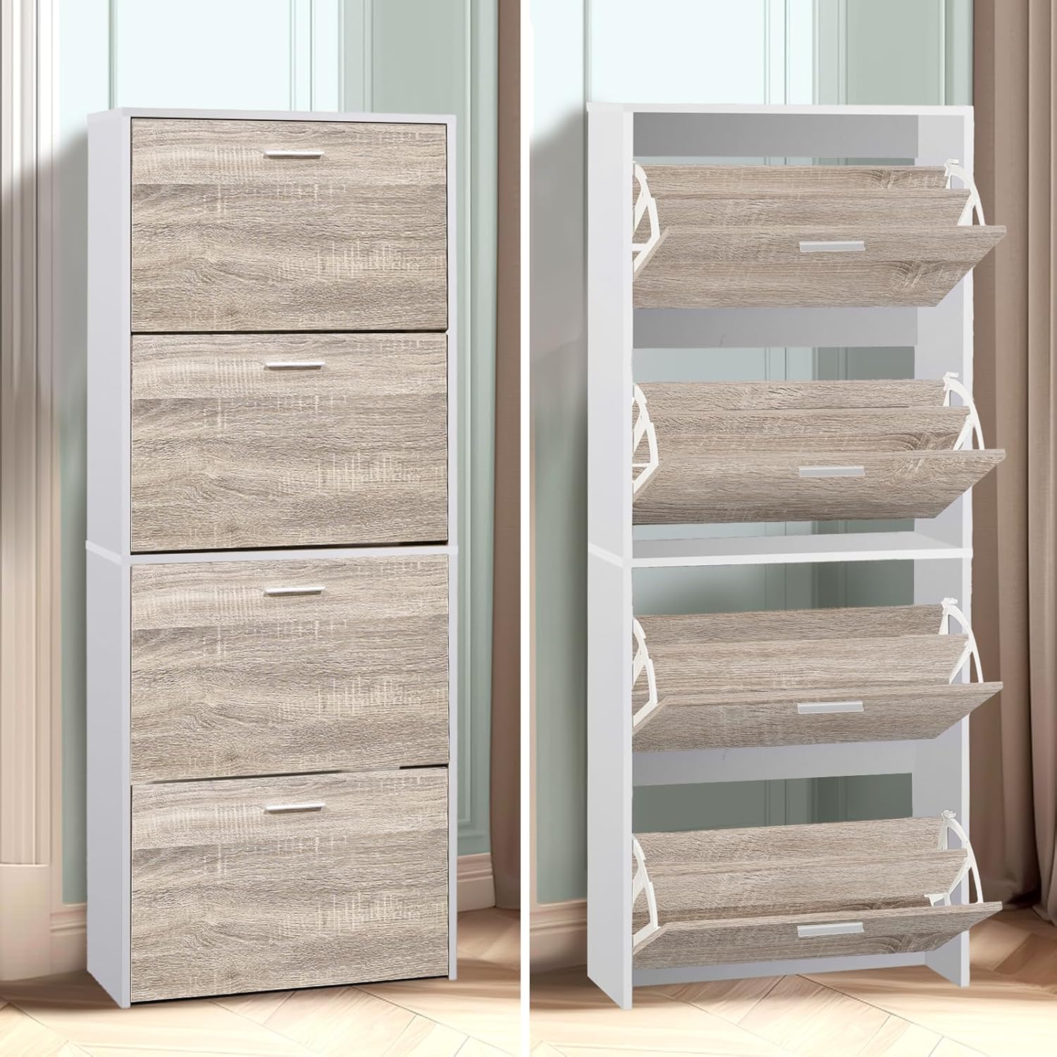 CASABEL Meuble de Rangement à Chaussure 24 Paires - Grande Capacité pour Entrée - L60xP24xH150 cm - Portes Bois Clair Cadre Blanc GX8397892