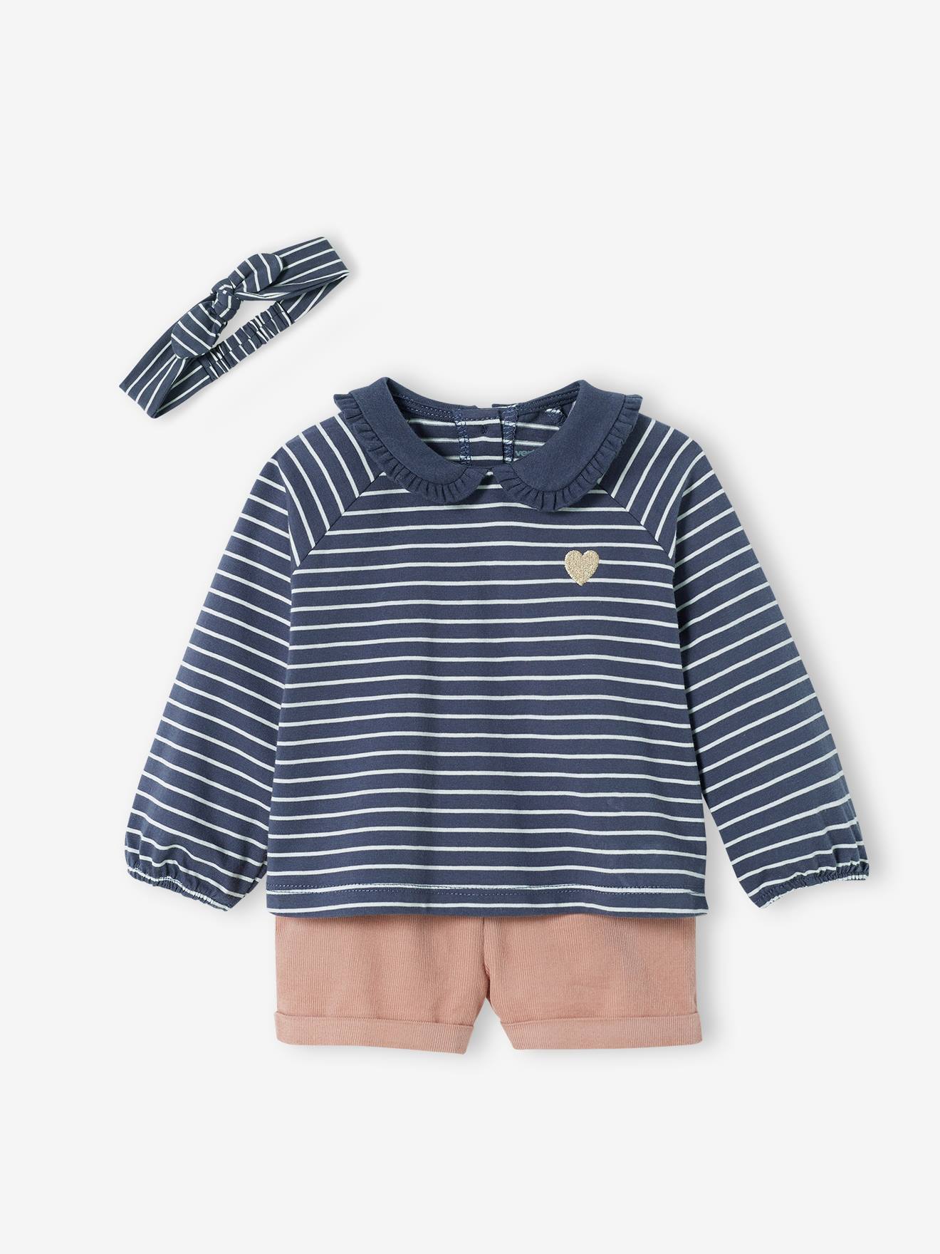 Conjunto de 3 peças para bebê, composto por shorts de veludo, camiseta e faixa de cabelo, na cor azul-escura listrada.