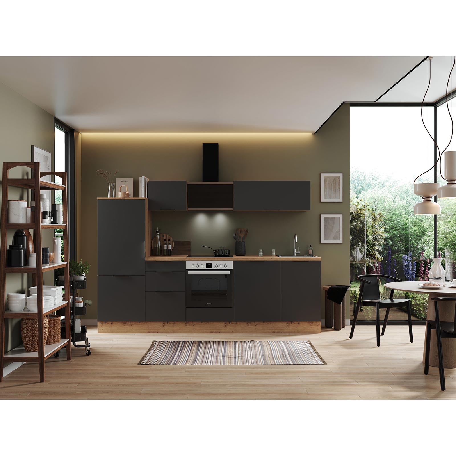 RESPEKTA Küchenblock - grau matt - Artisan Eiche - mit E-Geräten - 280 cm