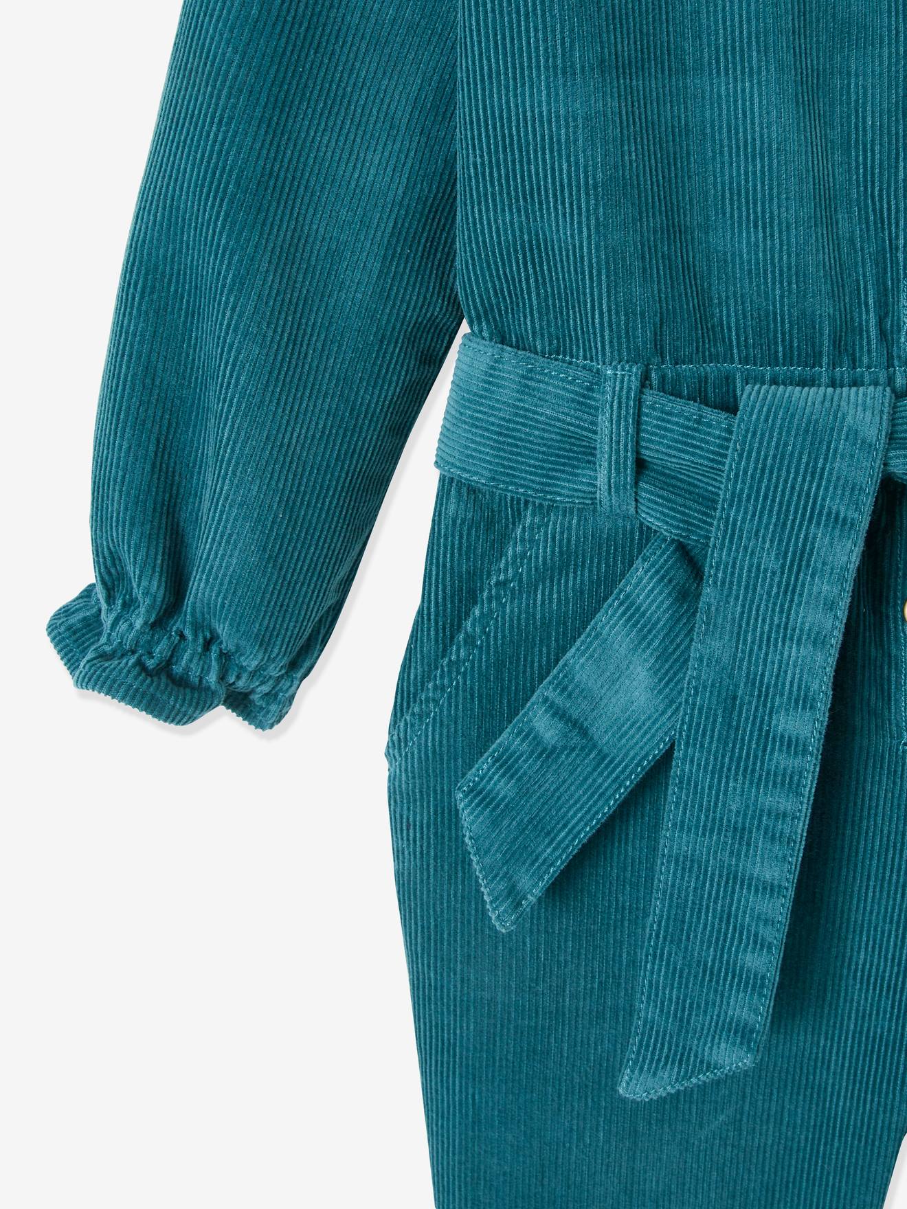 Macacão de veludo cotelê com babados, para meninas, verde escuro liso