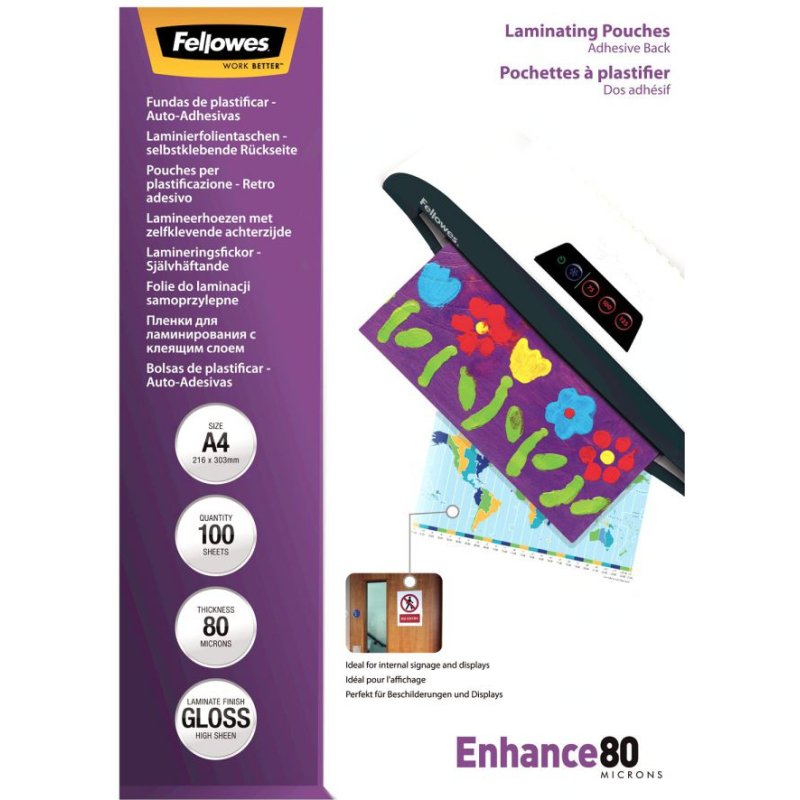 Boite de 100 pochettes de plastification A4 dos adhésif 80 microns Fellowes