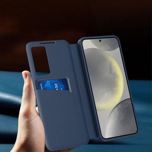Samsung Galaxy S25 Ultra Leder Hülle Small Window View Flip Case Litchi Look - Dunkelblau