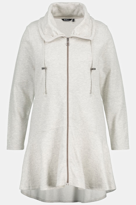 Long-Sweatjacke, Fischgrat, Volantsaum, Stehkragen