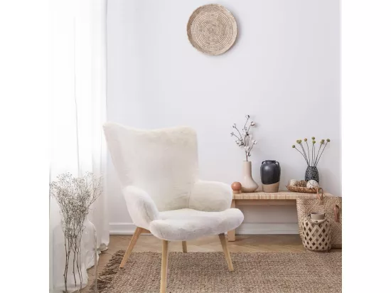 COCOON - Fauteuil Blanc Imitation Fourrure Pieds Bois