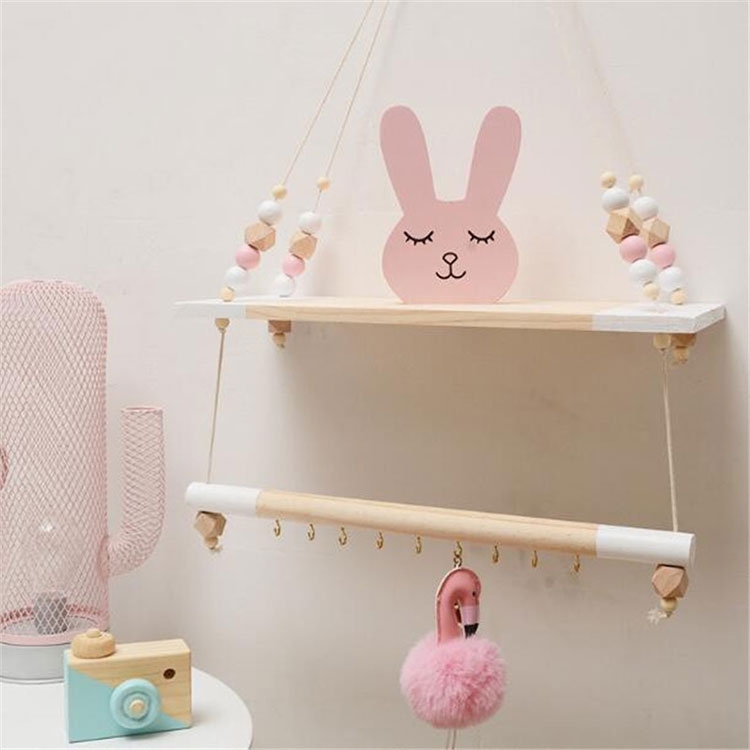 Deko Kinderzimmer Holz Wand Ablage Organizer Hänge Regal Schweberegal   Aufhänger - Braun / Weiss