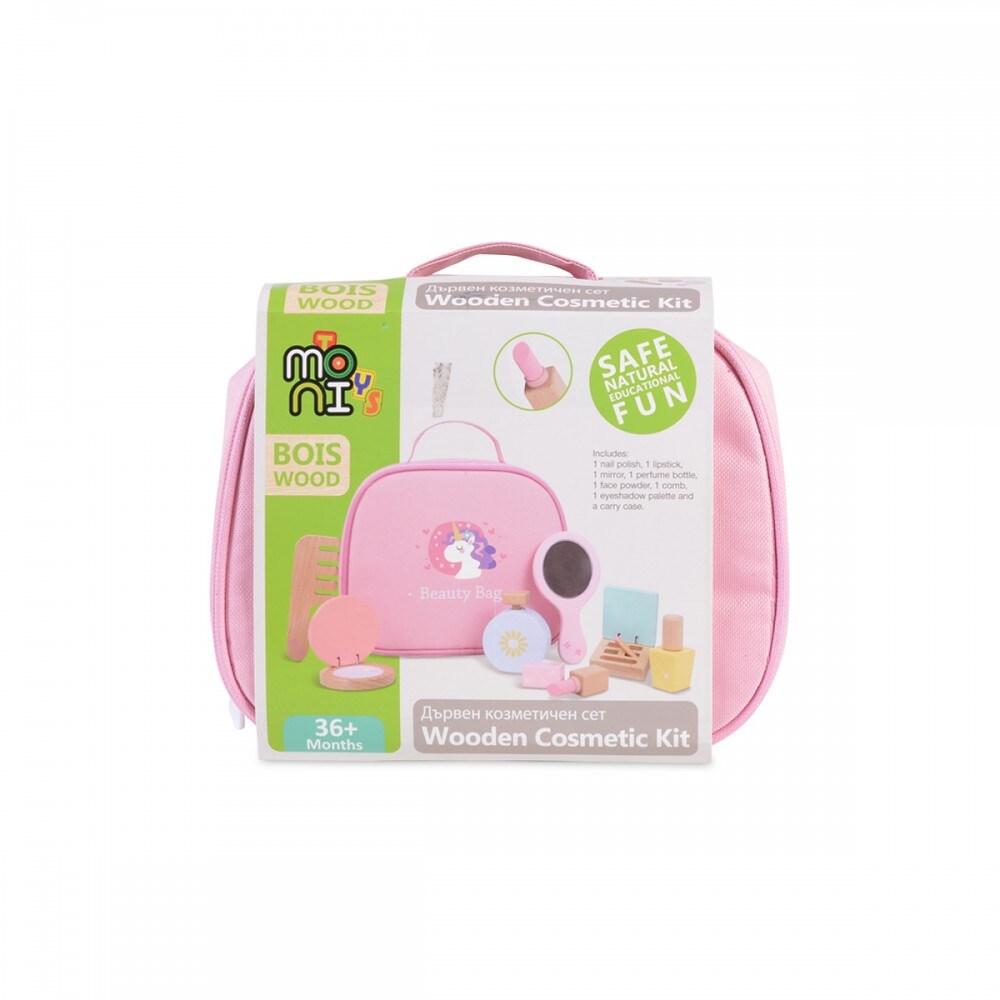 Moni Holz-Spielzeug Kosmetik-Set 4502 Tasche mit 7 Teilen, Spiegel, Kamm, Parfüm rosa