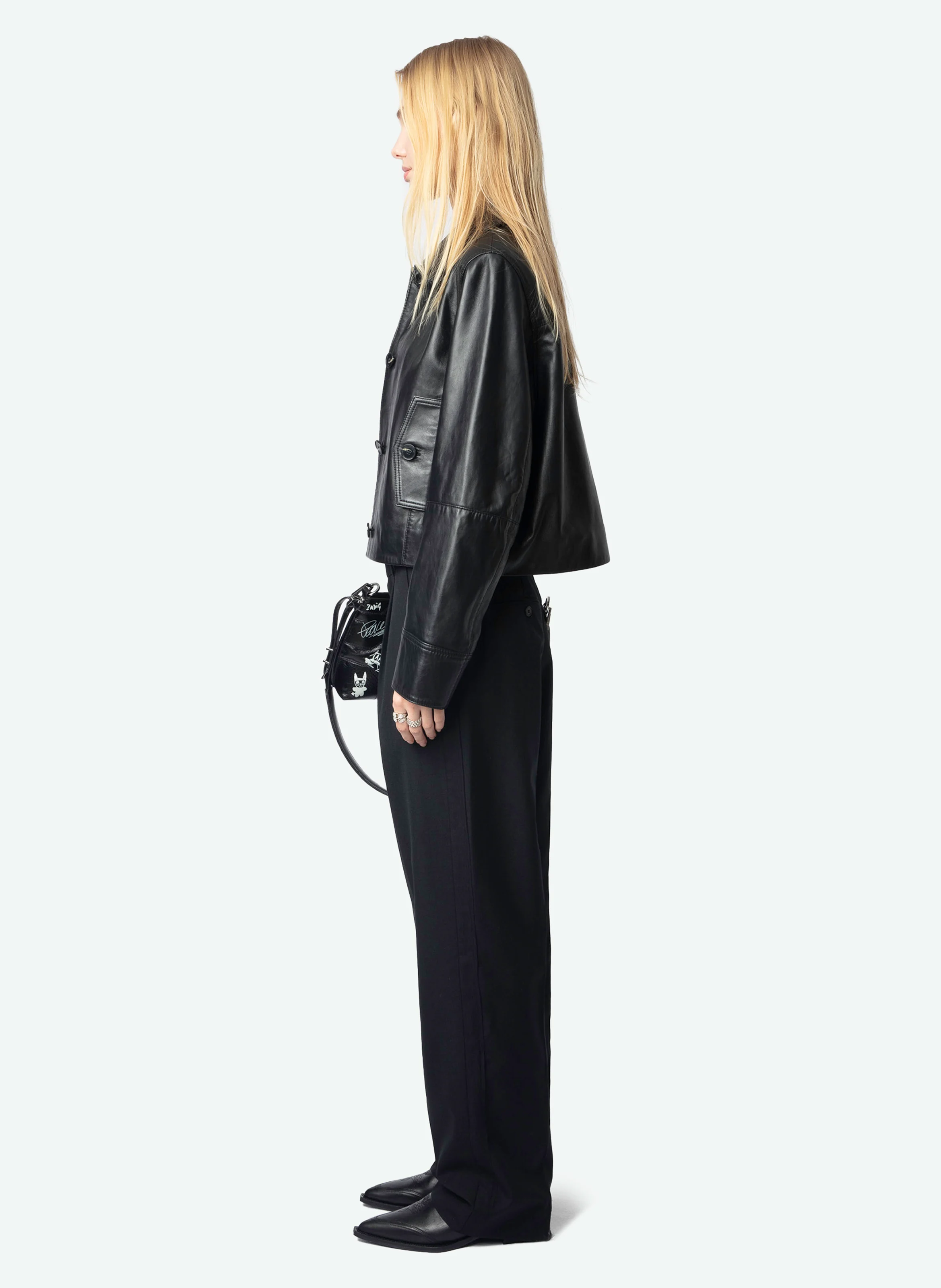 LISTON - Blouson court boutonné en cuir lisse | Noir
