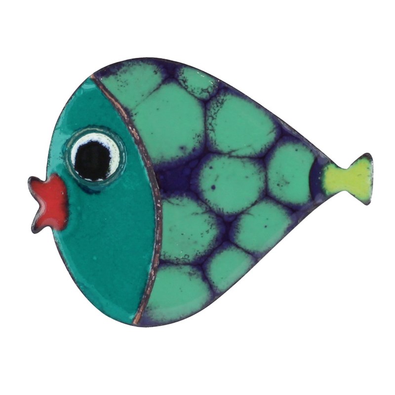 Broche Poisson Émaillée Bleu à Pois Verts