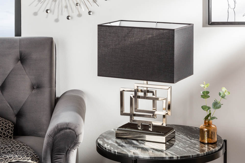 Moderne Tischleuchte ATLANTIS 56cm silber Stoffschirm schwarz Marmor Lampe