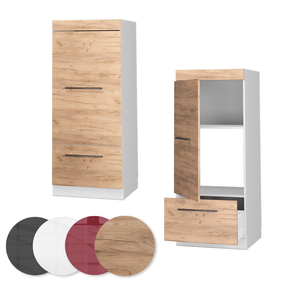 Vicco Mikrowellenumbauschrank Küchenschrank Küchenmöbel Fame-Line Weiß Eiche Goldkraft 60 cm modern Küche Einbauküche Blende Hochschrank Schublade Mikrowelle Backofen Küchenzeile