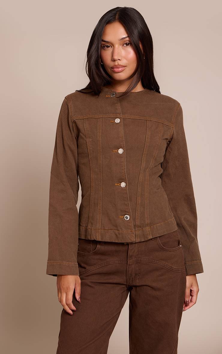 Dark Khaki Chemise En Denim Sans Col À Boutonnage Asymétrique
