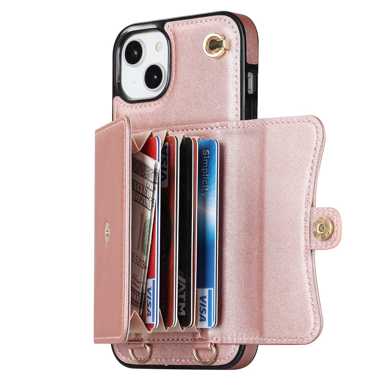 iPhone 14 / iPhone 13 Necklace Leder Schutz Hülle mit Kartenfach   Handykette (140cm) - Roségold