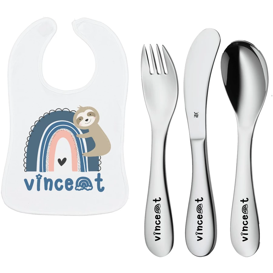Schnullireich Geschenkset mit Namen WMF Kinderbesteck Knuddel Mini 3 Tlg. + Lätzchen Blue Rainbow Silber