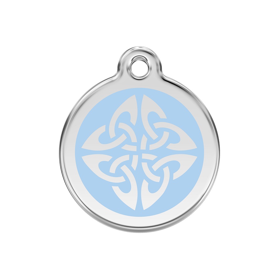 Placa de identificação para cães em aço inoxidável esmaltado com flechas tribais em azul claro.