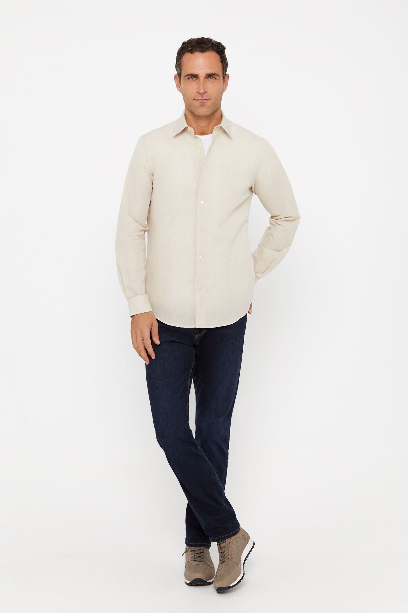 Camisa lisa de linho e algodão - Bege