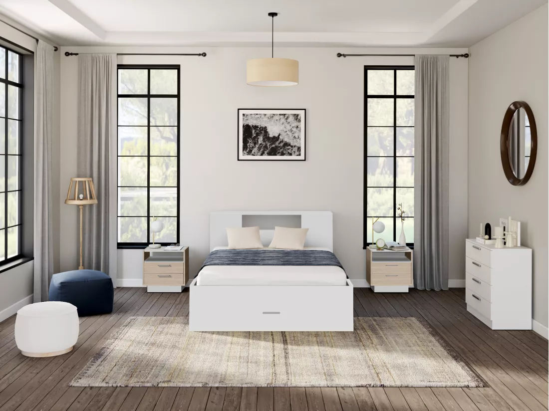 Lit avec tête de lit rangements et tiroirs - 140 x 190 cm - Coloris : Blanc - LEANDRE