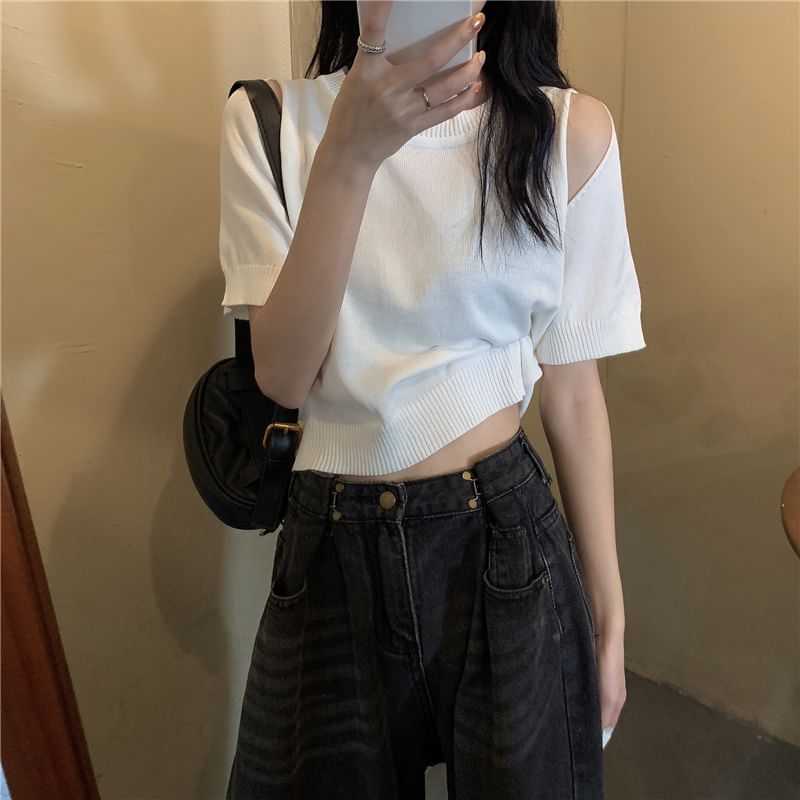 Shinsei - Kort mouwloos, schouderloos, effen gebreide crop top